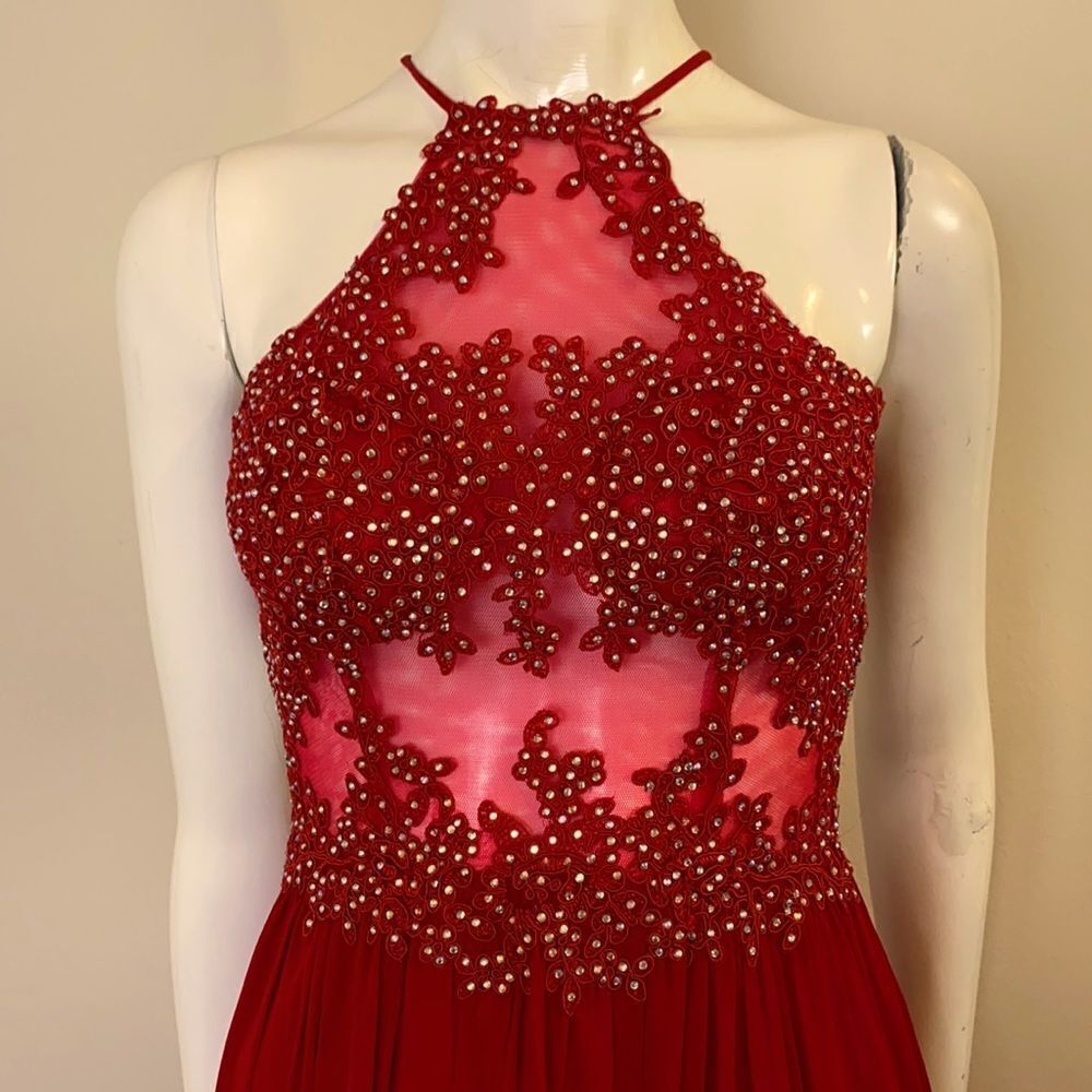Red Formal Gown halter with Rhinestone Top and sheer panels Blonde Nites Sz 5